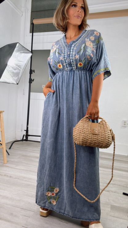 Chambray Stitch & Bloom Embroidered Maxi Dress, Denim