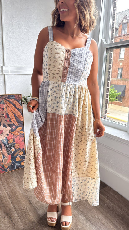 Patchwork Blooms Midi Dress, Ivory