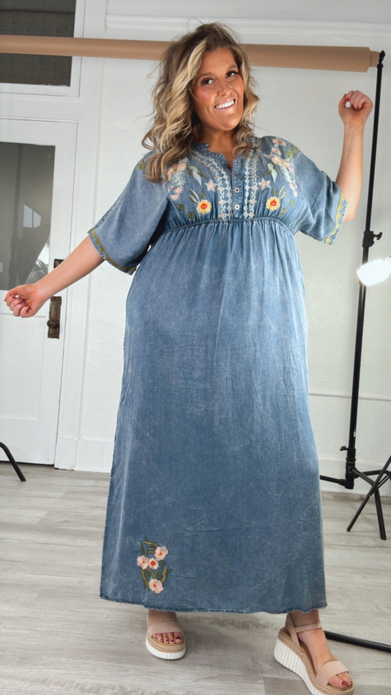 Chambray Stitch & Bloom Embroidered Maxi Dress, Denim