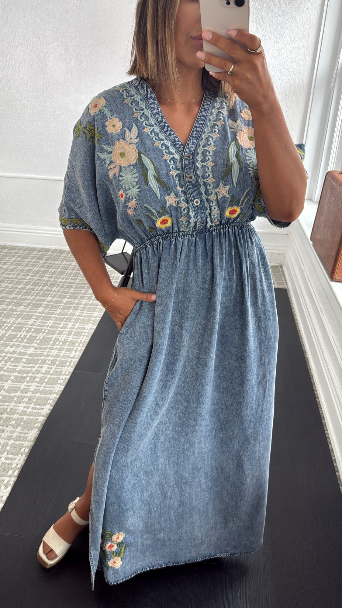 Chambray Stitch & Bloom Embroidered Maxi Dress, Denim