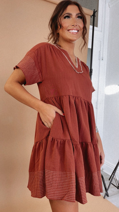Emmy V Neck Embroidered Mini Dress, Rust