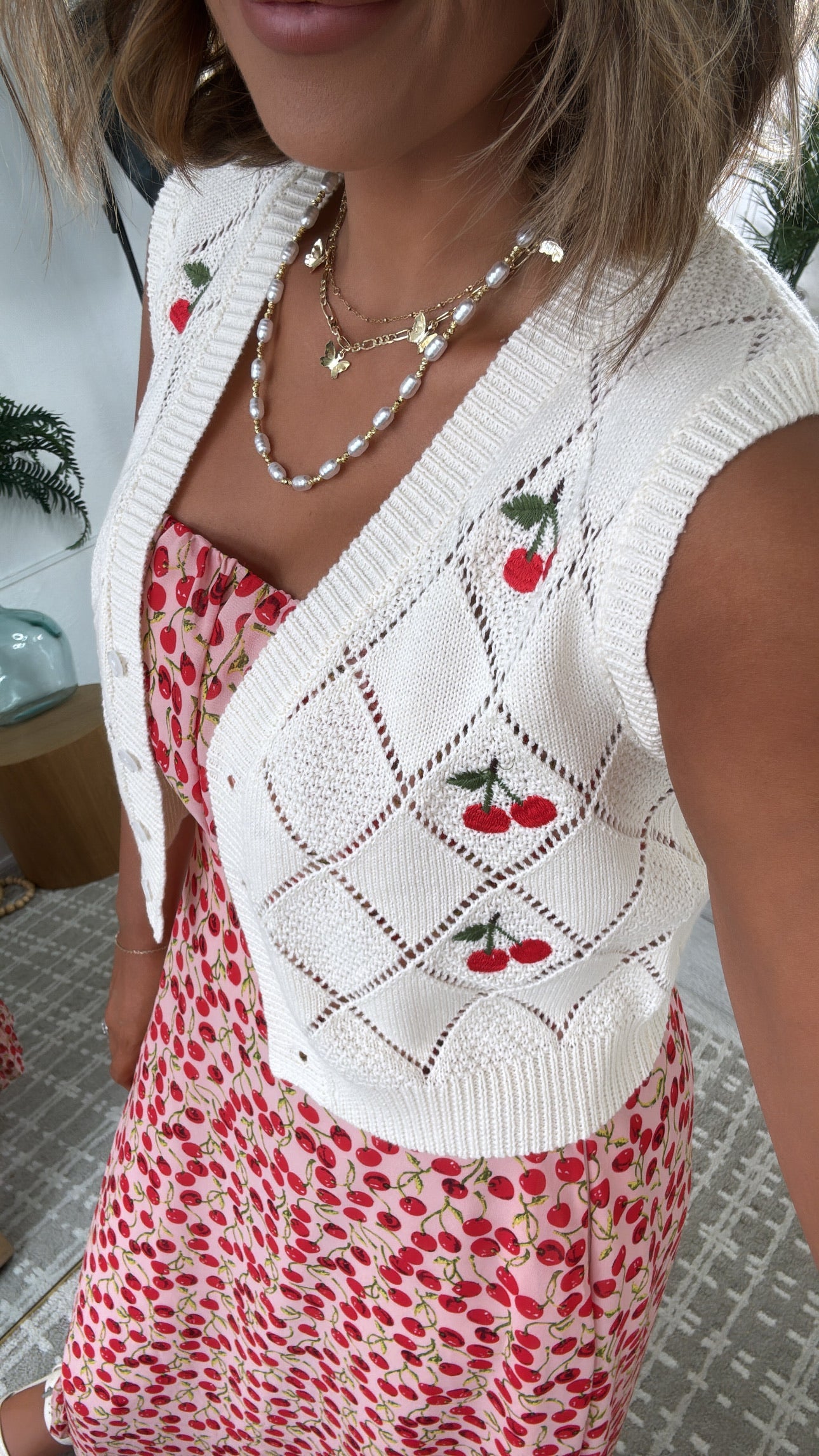 Cherry Darling Printed Vest, Cream