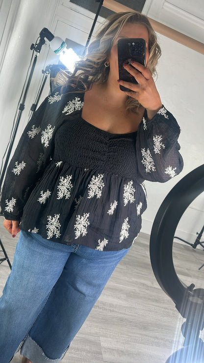 All About Details Embroidered Smocked Blouse, Black