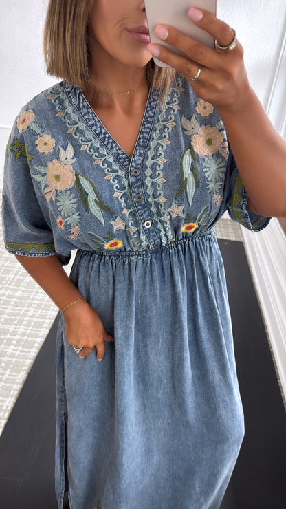 Chambray Stitch & Bloom Embroidered Maxi Dress, Denim