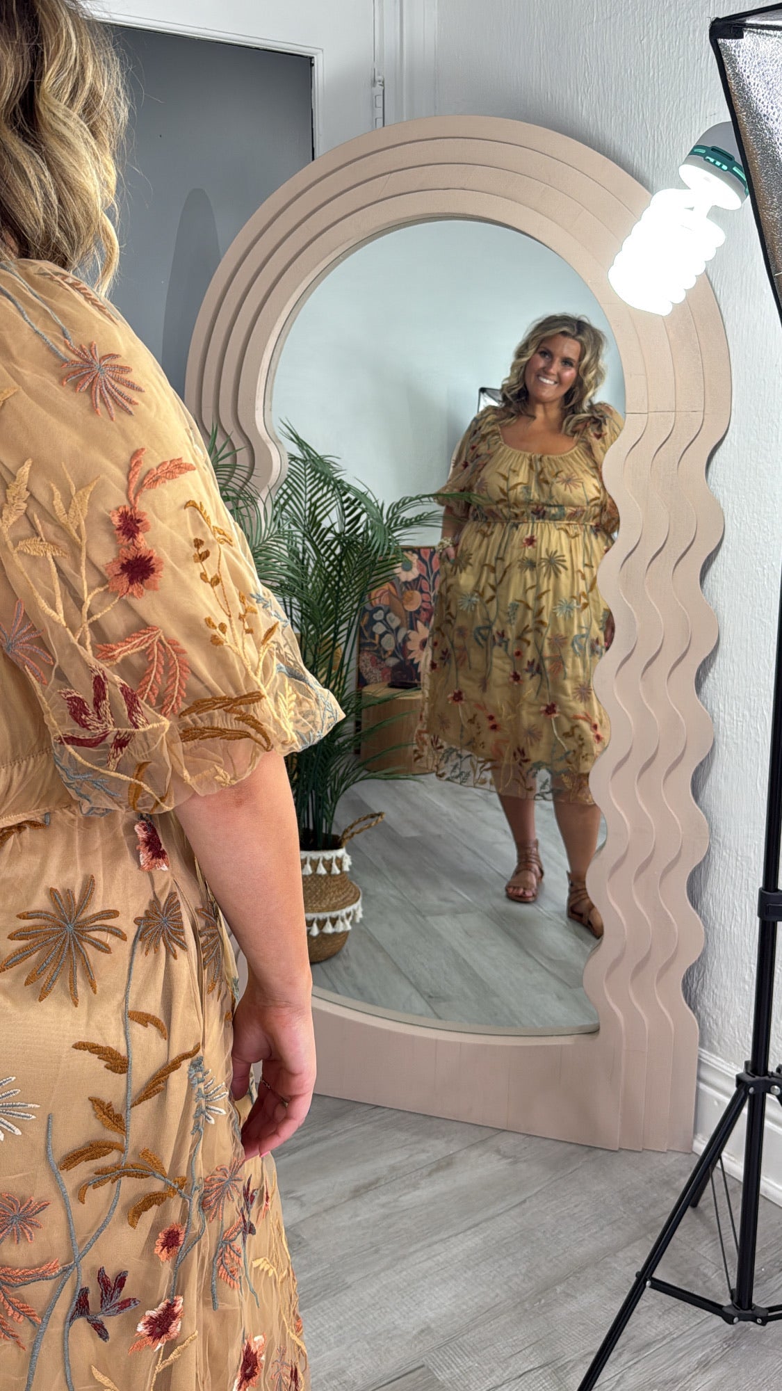 Blossom Meadows Embroidered Dress, Camel