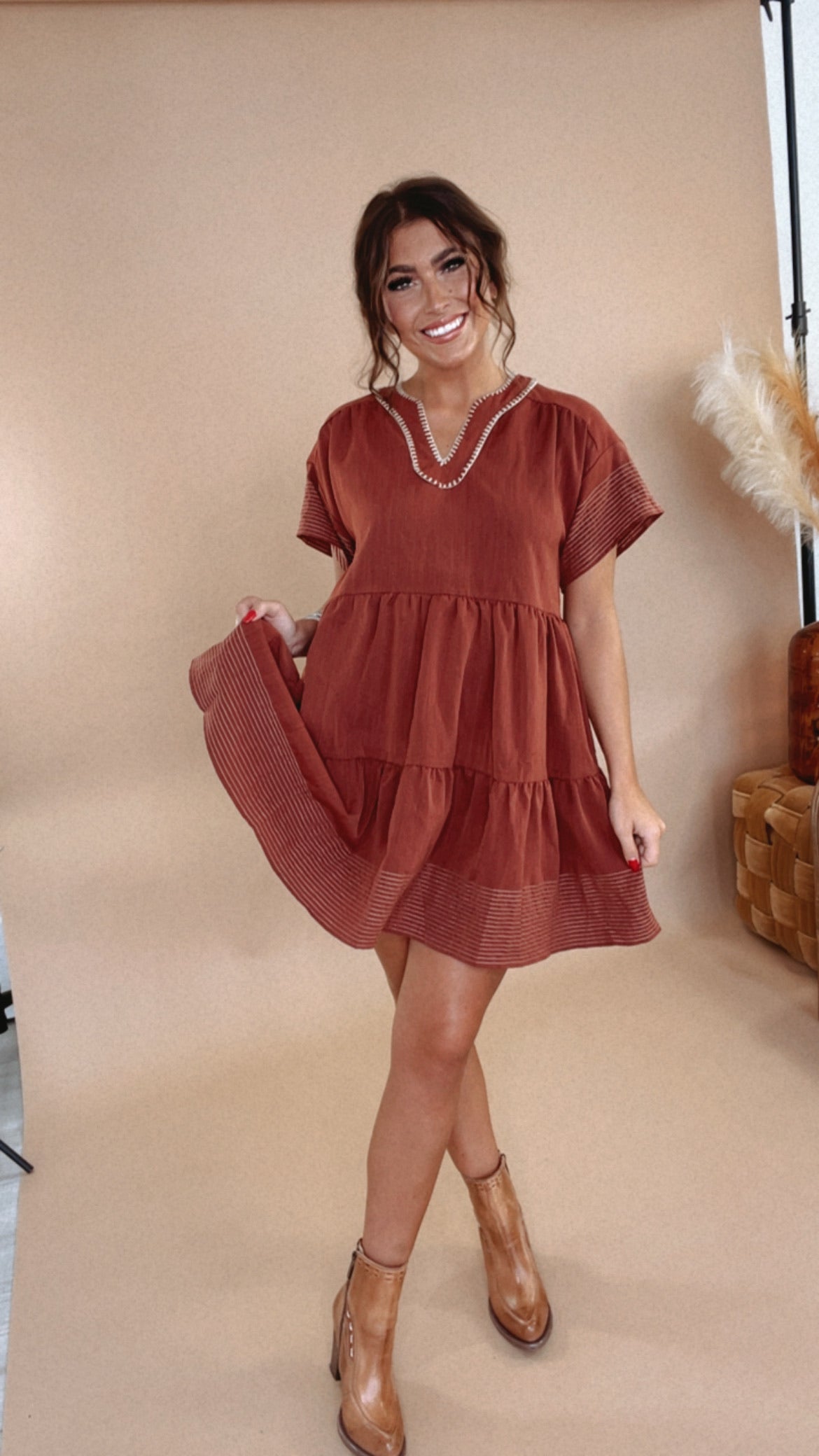 Emmy V Neck Embroidered Mini Dress, Rust