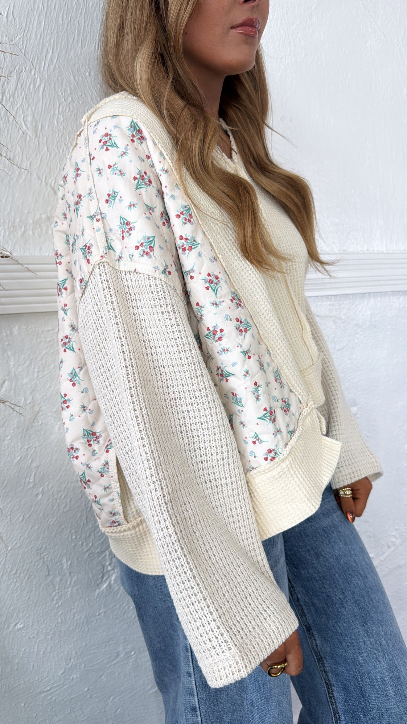 POL Floral Sleeve Sweater, Cream