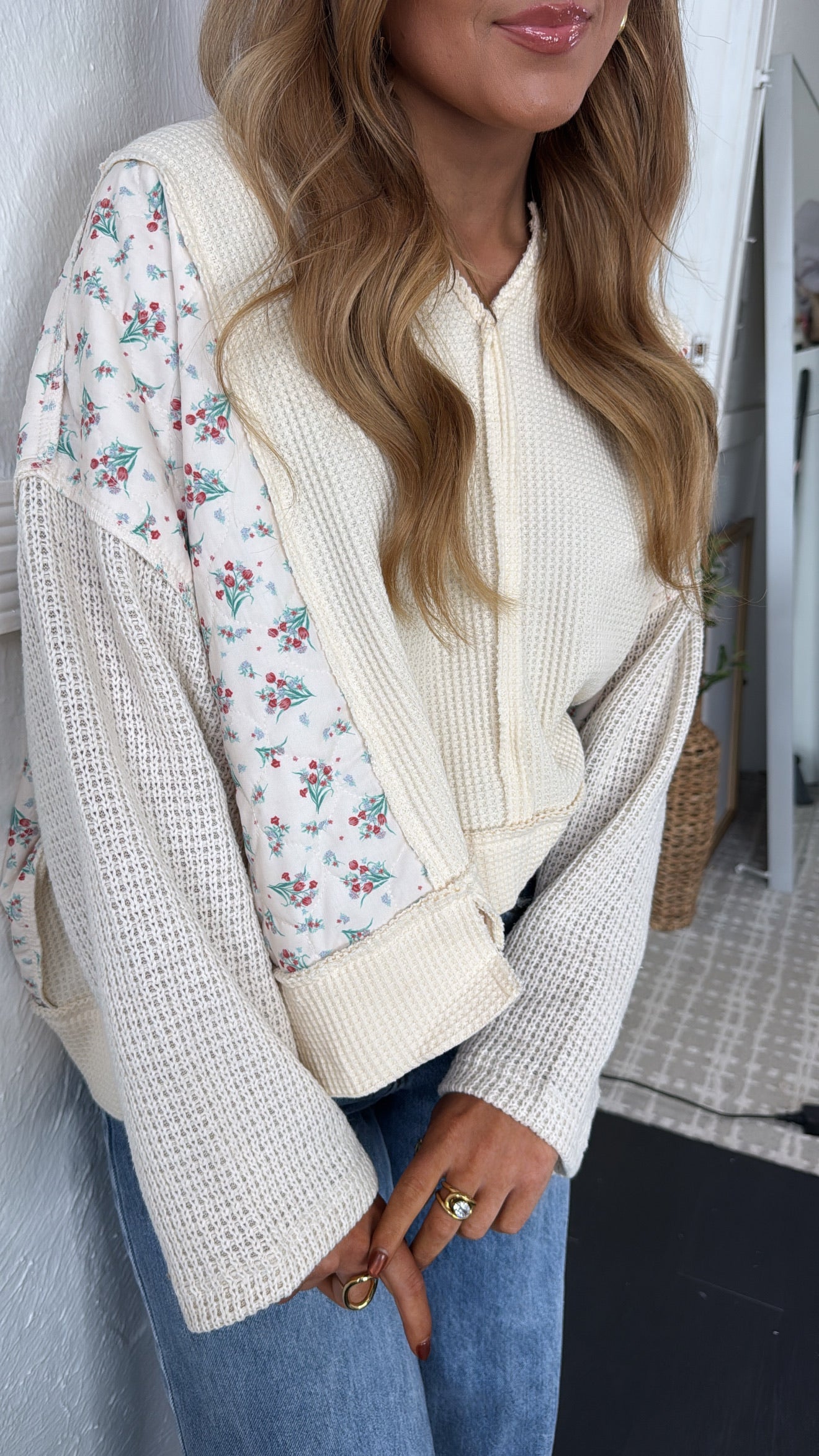 POL Floral Sleeve Sweater, Cream