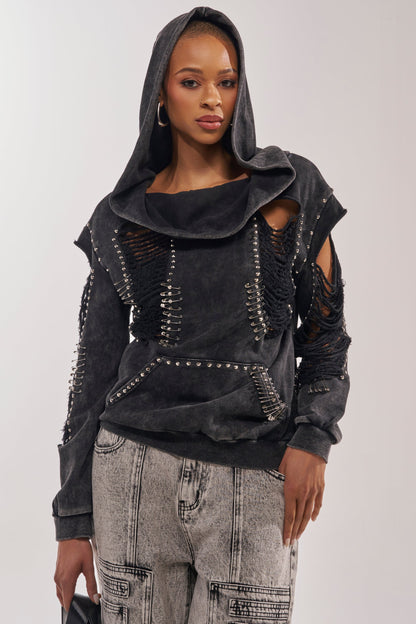 ALL TORN UP DISTRESSED OFF THE SHOULDER SWEATSHIRT