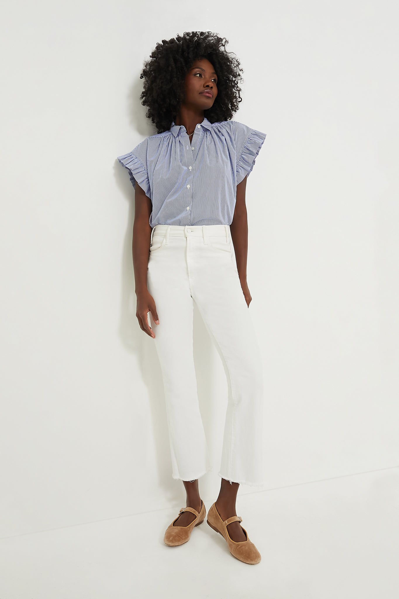 Blue and White Stripe Marianne B Ruffle Sleeve Shirt