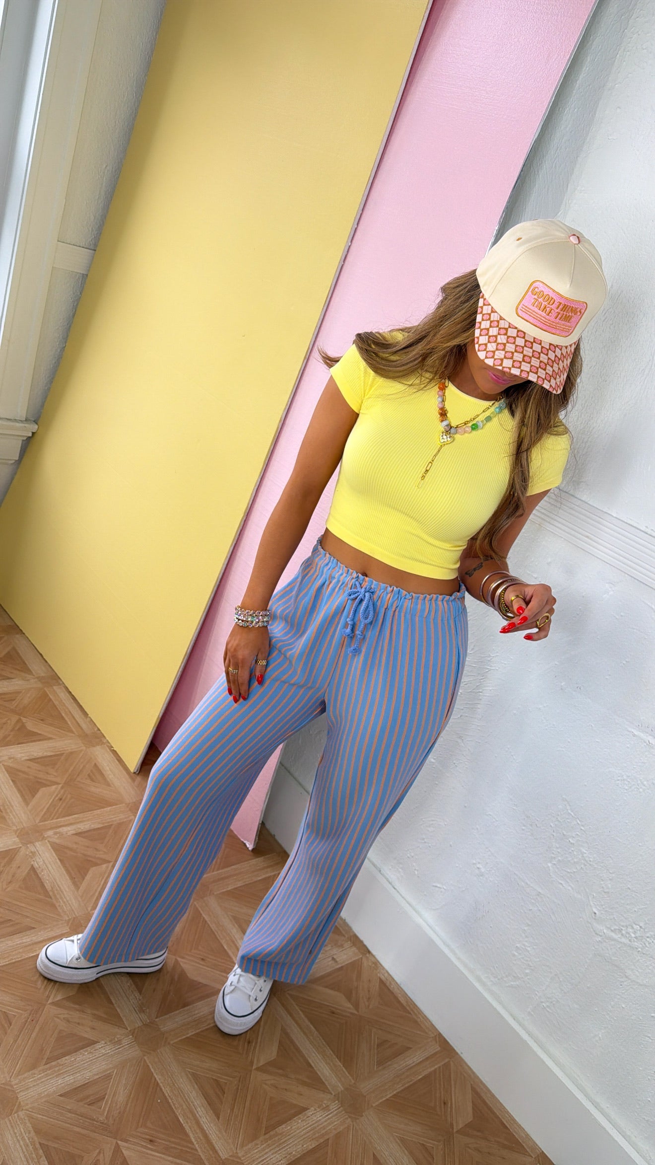 Candy Cloud Striped Pant, Blue/ Citrus