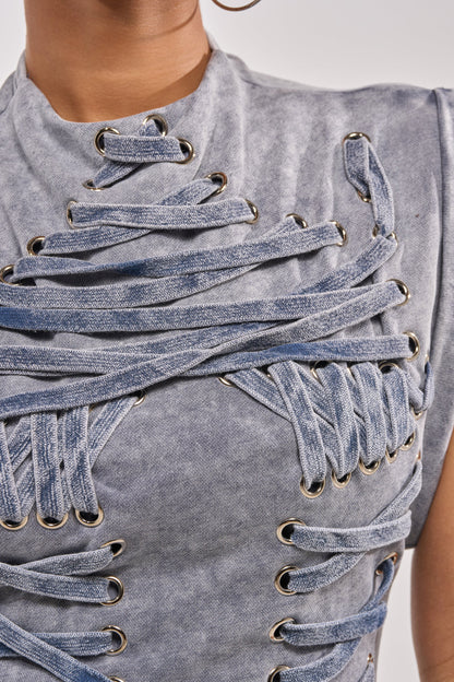 ALL ABOUT IT LACE UP MINI DRESS IN MEDIUM BLUE DENIM