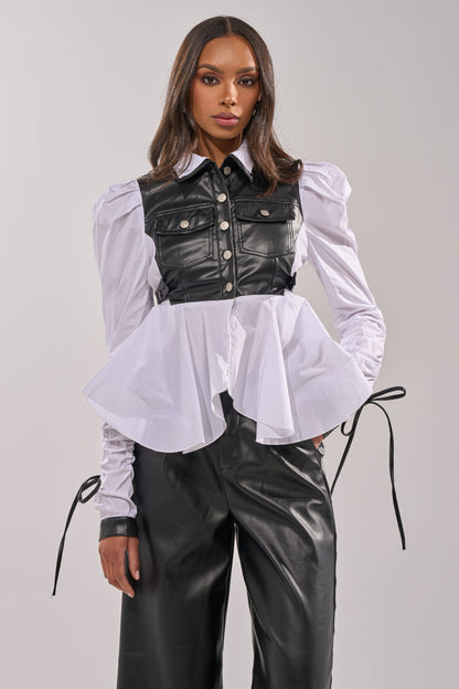 ALWAYS FABULOUS FAUX LEATHER DETAIL BUTTON DOWN BLOUSE