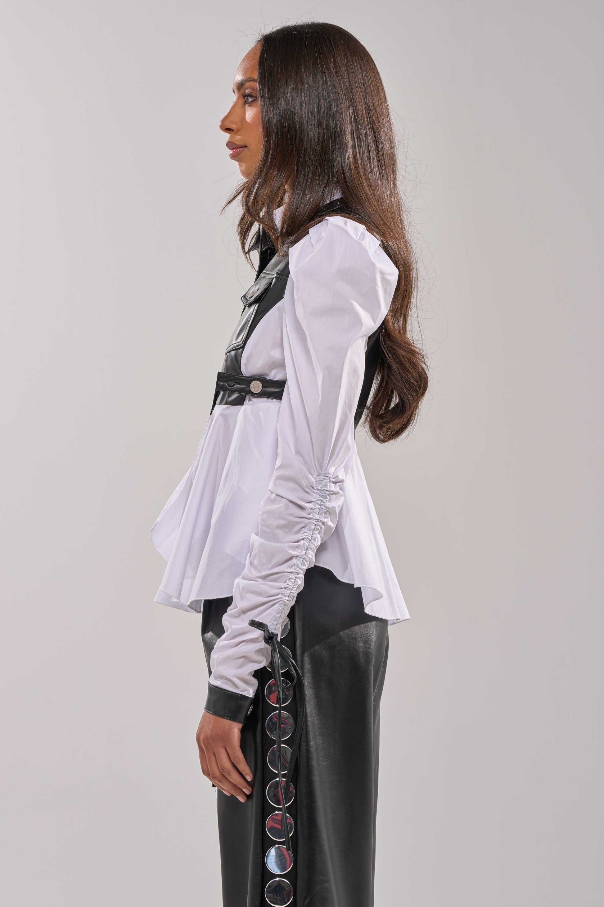 ALWAYS FABULOUS FAUX LEATHER DETAIL BUTTON DOWN BLOUSE