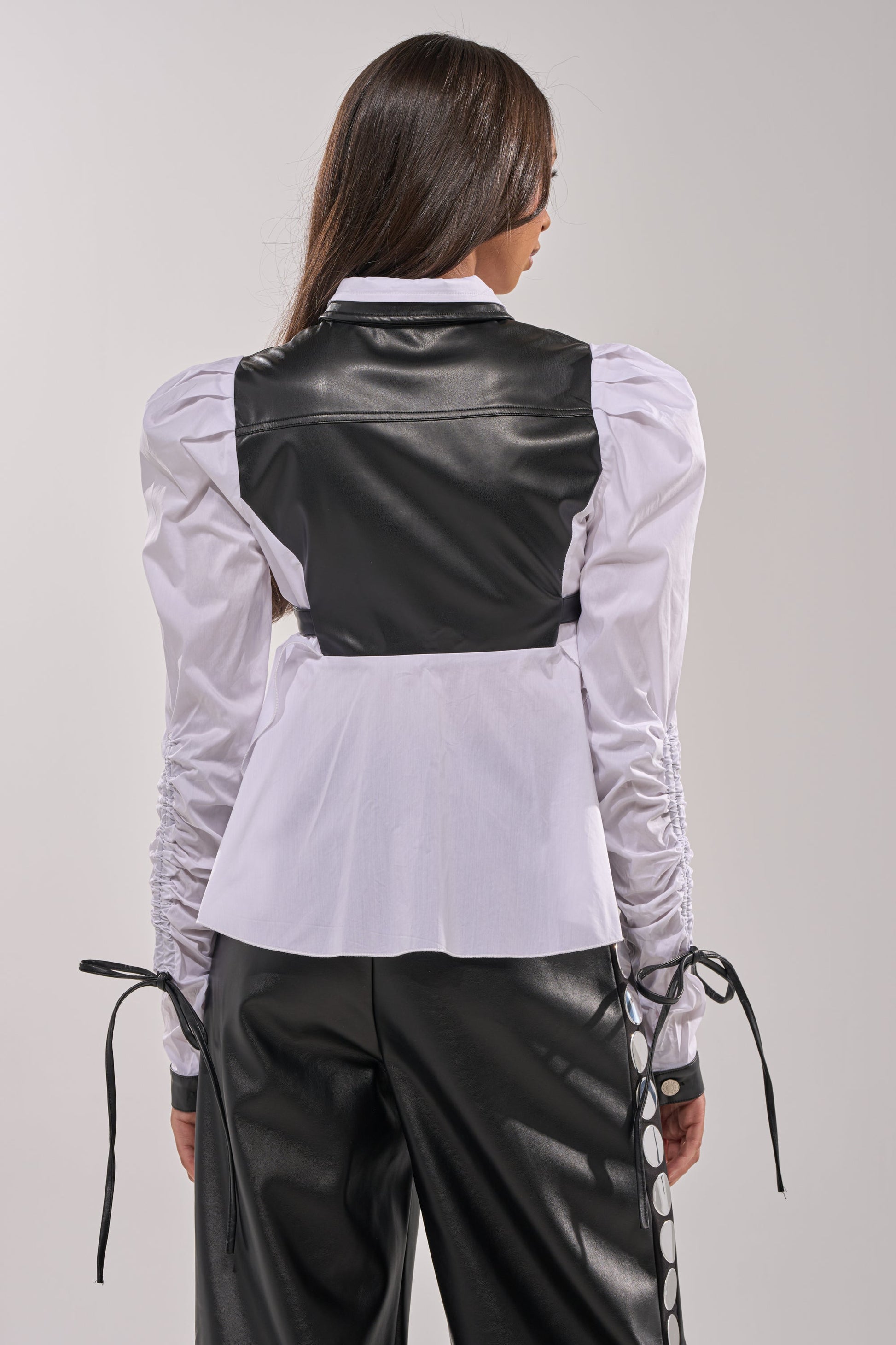 ALWAYS FABULOUS FAUX LEATHER DETAIL BUTTON DOWN BLOUSE