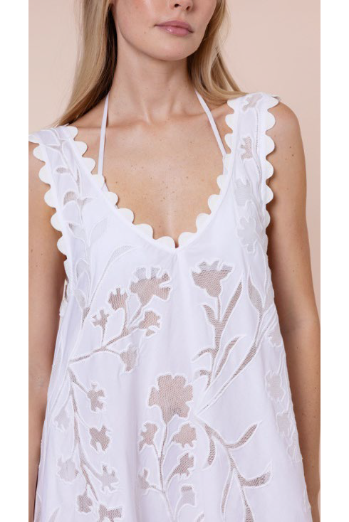 Juliet Dunn Poplin & Net Floral Cutwork Low Back Dress with Ric Rac - White