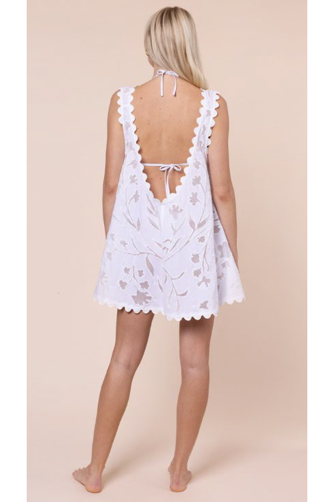 Juliet Dunn Poplin & Net Floral Cutwork Low Back Dress with Ric Rac - White