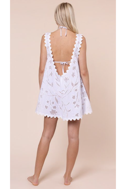 Juliet Dunn Poplin & Net Floral Cutwork Low Back Dress with Ric Rac - White
