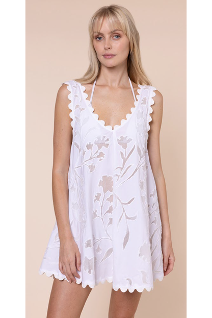 Juliet Dunn Poplin & Net Floral Cutwork Low Back Dress with Ric Rac - White