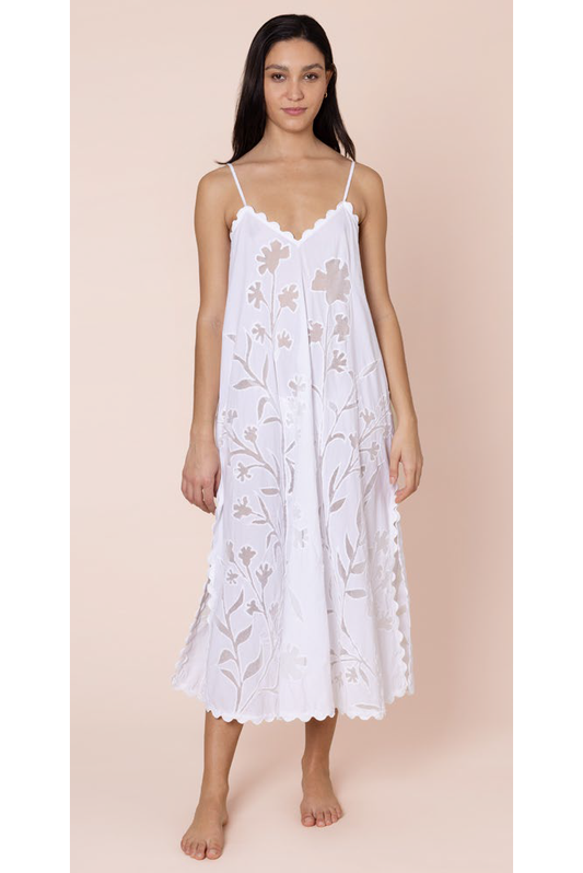 Juliet Dunn Poplin & Net Floral Cutwork Slip Dress with Ric Rac - White