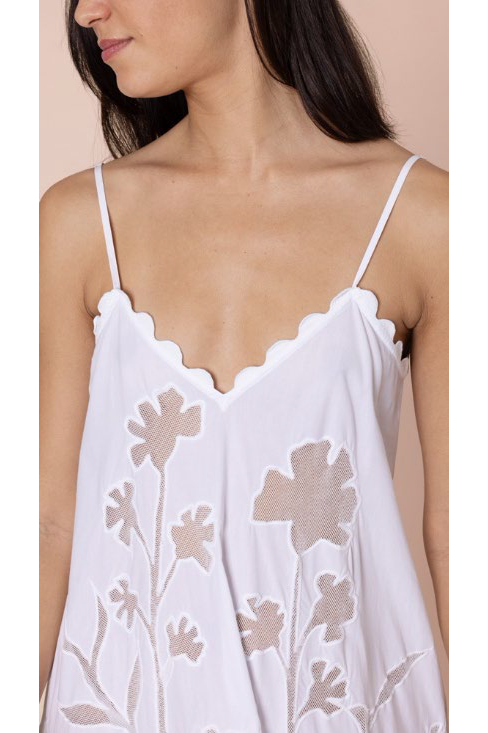 Juliet Dunn Poplin & Net Floral Cutwork Slip Dress with Ric Rac - White