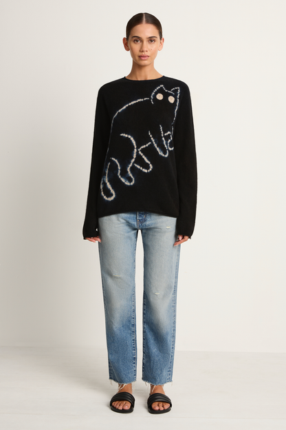Suzusan Cashmere Seamless Long Pullover - Mokume Shibori Cat Black / Sand