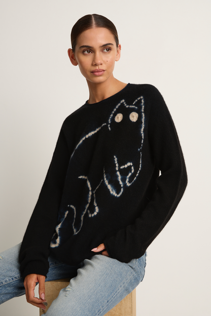 Suzusan Cashmere Seamless Long Pullover - Mokume Shibori Cat Black / Sand