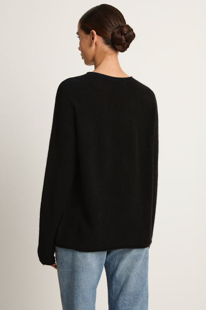 Suzusan Cashmere Seamless Long Pullover - Mokume Shibori Cat Black / Sand