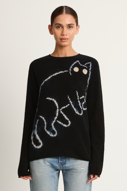 Suzusan Cashmere Seamless Long Pullover - Mokume Shibori Cat Black / Sand