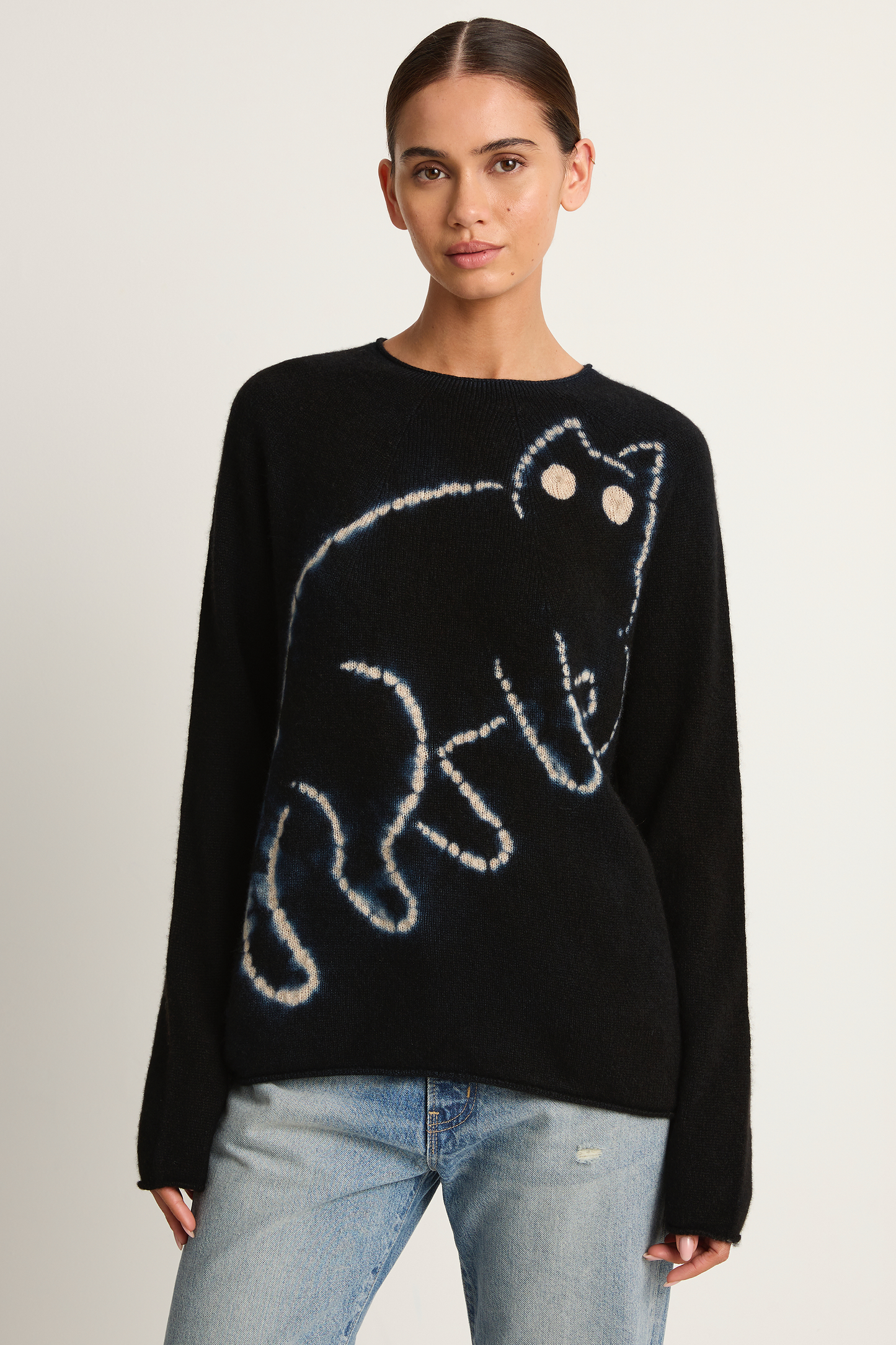 Suzusan Cashmere Seamless Long Pullover - Mokume Shibori Cat Black / Sand