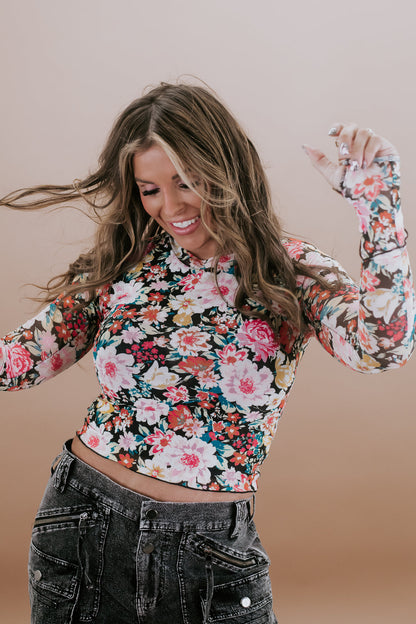 Floral Mesh Long Sleeve Top, Black