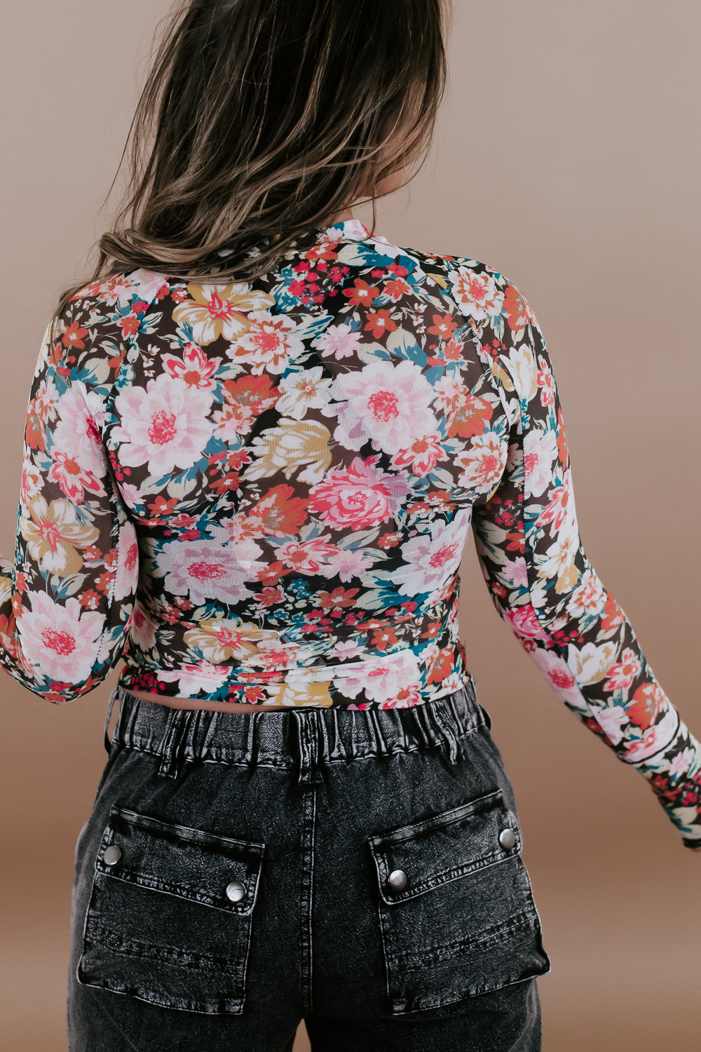 Floral Mesh Long Sleeve Top, Black