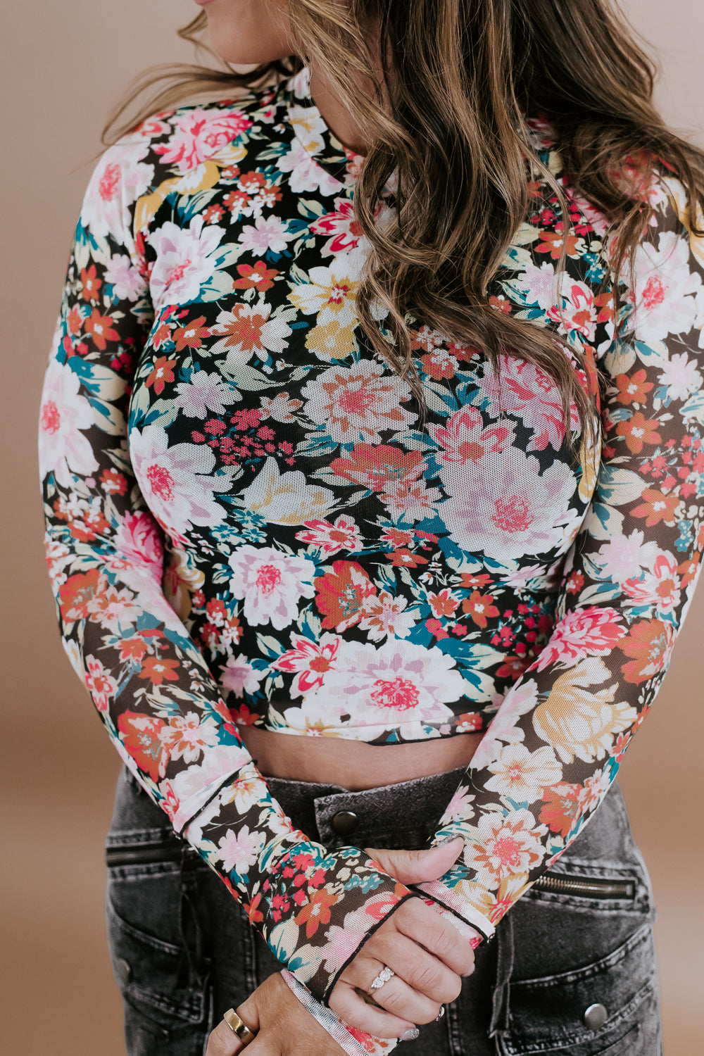 Floral Mesh Long Sleeve Top, Black