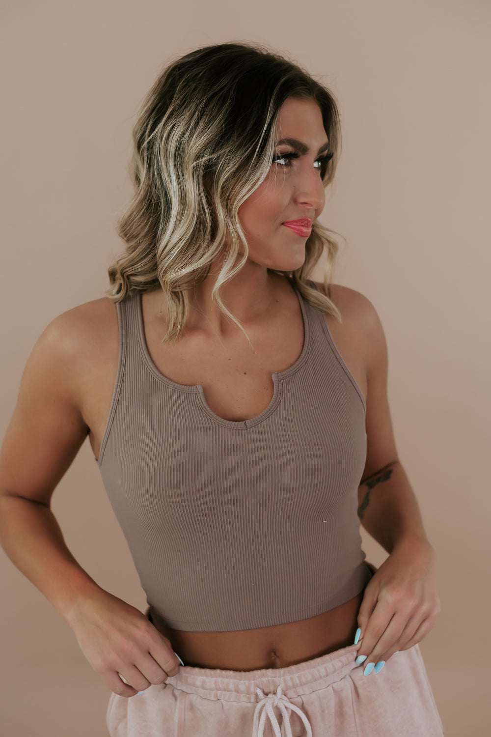 Padded Cutout Crop Tank, Taupe