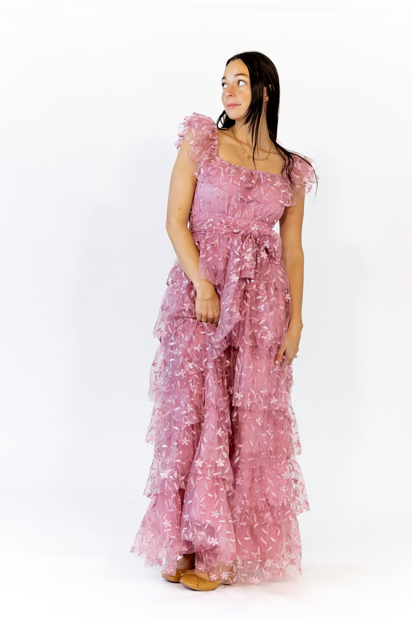Lana Embroidered Ruffle Maxi · Pink