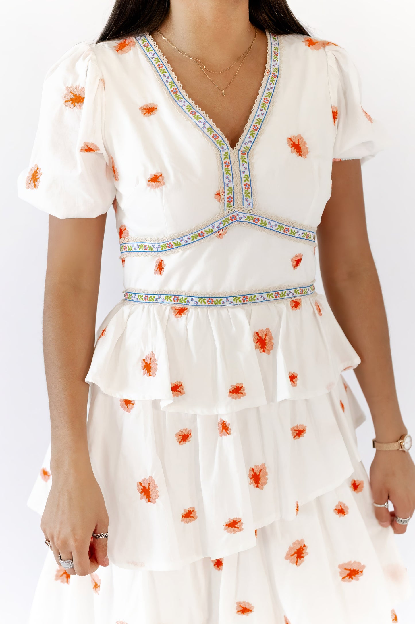 Nappa Embroidered Tiered Dress
