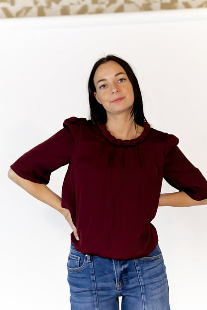 Ajen Braided Neckline Blouse · Wine