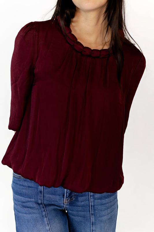 Ajen Braided Neckline Blouse · Wine