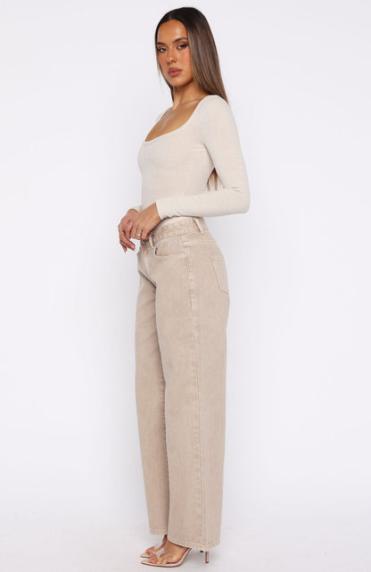 Bring The Style Low Rise Wide Leg Jeans Sesame Wash