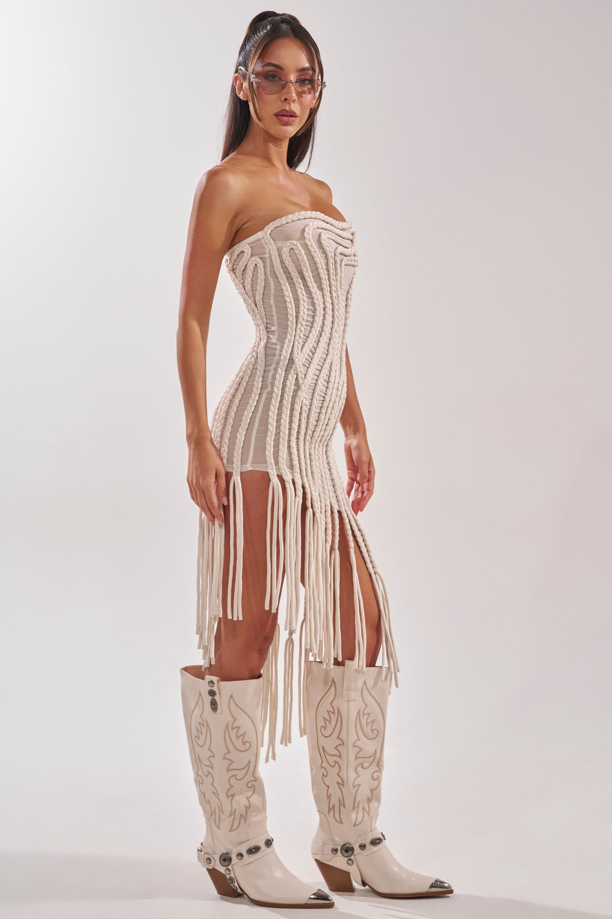 ALL OVER THE PLACE BRAIDED MIDI DRESS IN IVORY