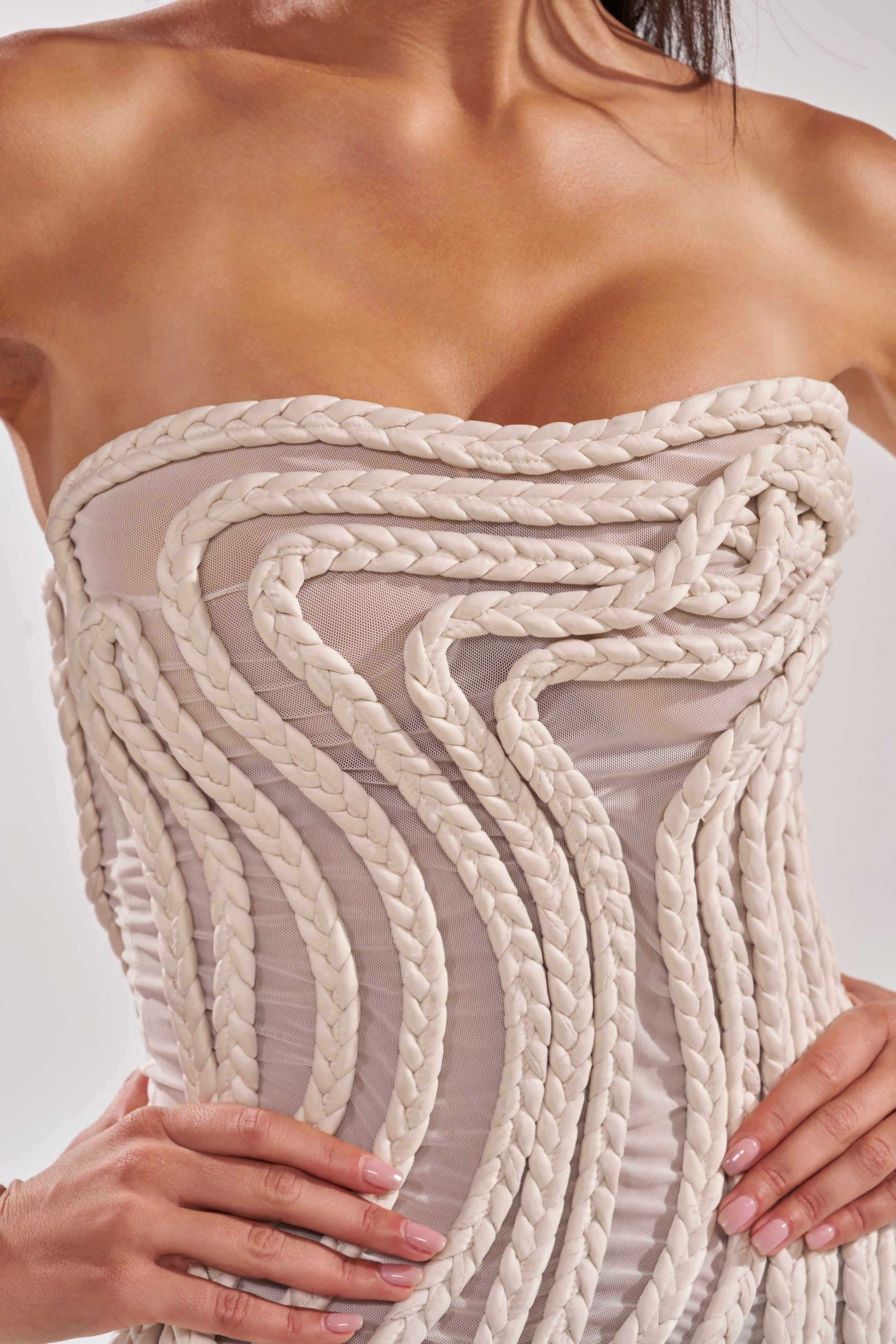 ALL OVER THE PLACE BRAIDED MIDI DRESS IN IVORY