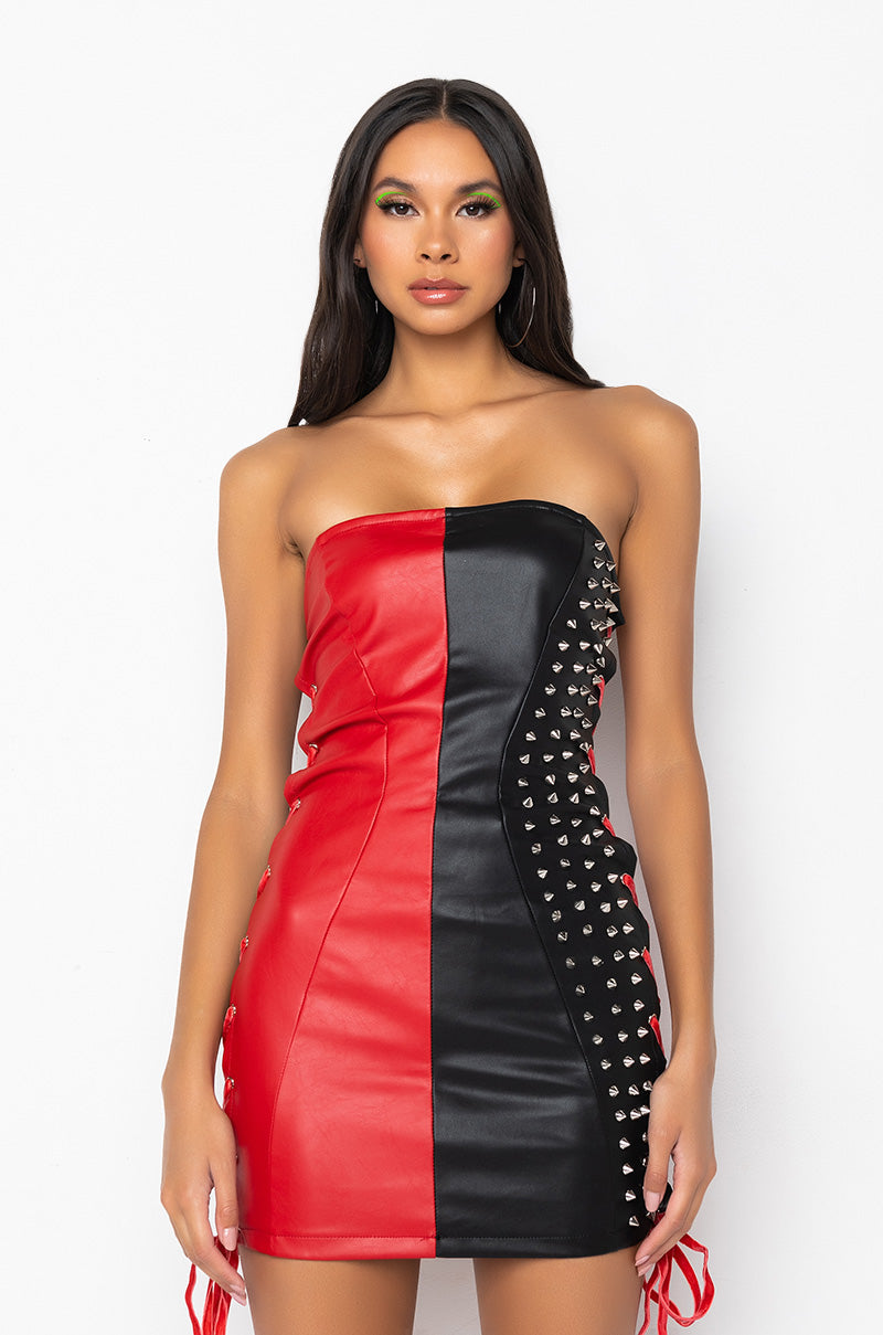 ALL ABOUT THIS MINI TUBE FAUX LEATHER DRESS BLACK RED