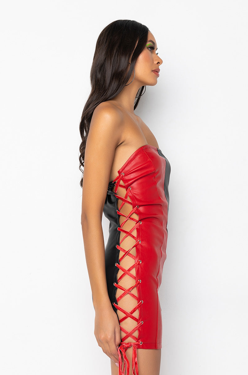 ALL ABOUT THIS MINI TUBE FAUX LEATHER DRESS BLACK RED
