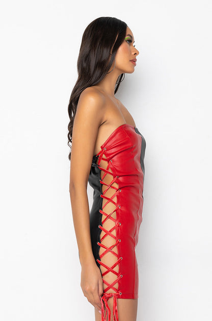 ALL ABOUT THIS MINI TUBE FAUX LEATHER DRESS BLACK RED