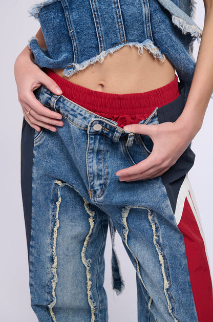 ALL AROUND THE WORLD PATCHWORK DENIM JOGGER PANT IN RED MULTI