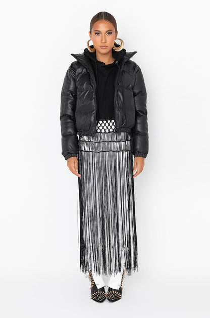 ALL BLACK PLEATHER PUFFER JACKET