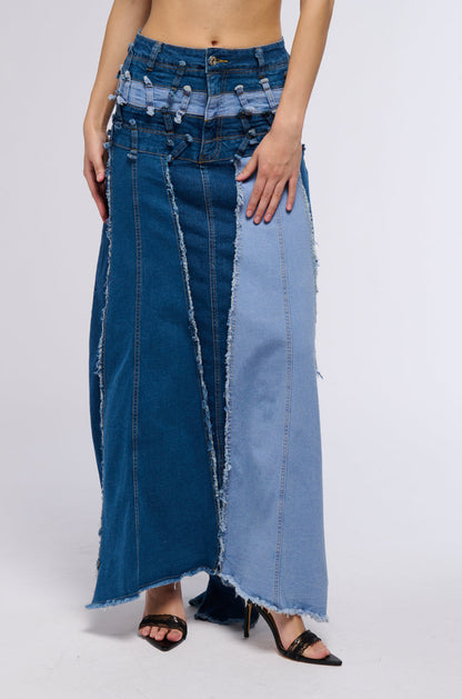 ALL OVER DISTRESSED DENIM SKIRT