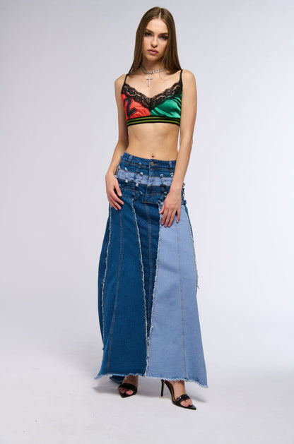 ALL OVER DISTRESSED DENIM SKIRT