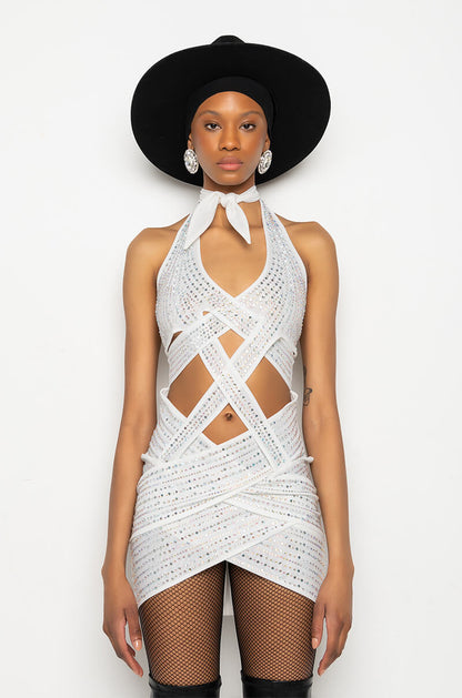 ALL WRAPPED UP RHINESTONE MINI DRESS