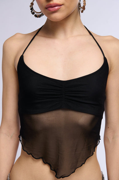 ALL YOUR LOVE HALTER TIE NECK MESH CROP TANK IN BLACK